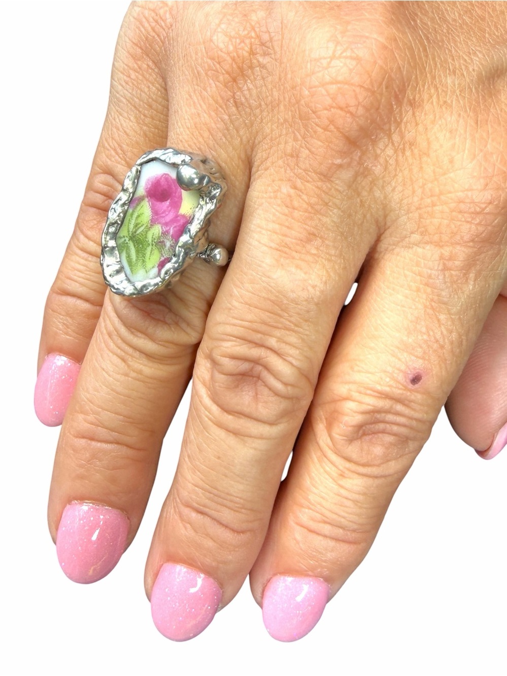 Royal Albert Old Country Roses Broken China Ring - Boho Silver Blend Size 6.5 - Picture 8 of 15
